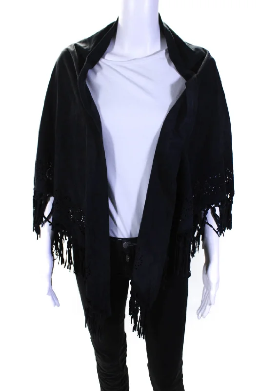 Vera Pelle Womens Black Lar Suede Cut Out Fringe Edge Scarf