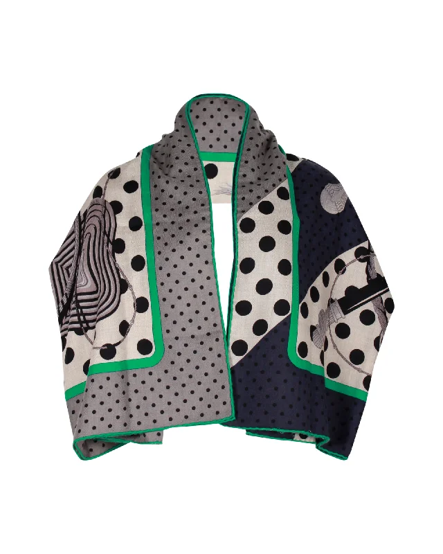 Hermes Clic-Clac a Pois Shawl 140 in Green and Grey Cashmere