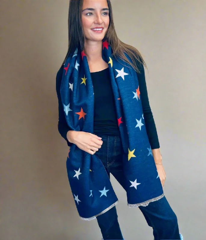 Navy Star Print Cashmere Blend Blanket Scarf