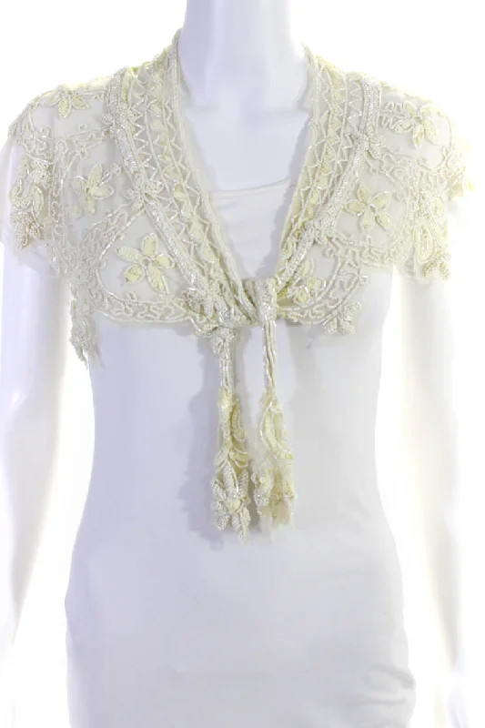 Cassin Womens Mesh Floral Beaded Scalloped Edge Ivory Shawl Wrap