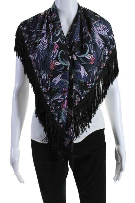 Louis Vuitton Womens Silk Graphic Print Sequined Frayed Hem Shawl Black