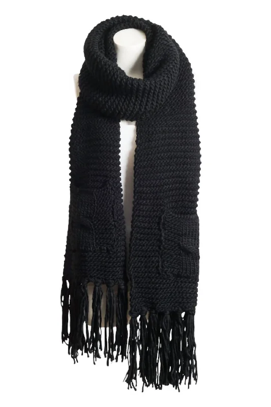 Juliana Oversized Two Pocket Tassel Scarf In Black