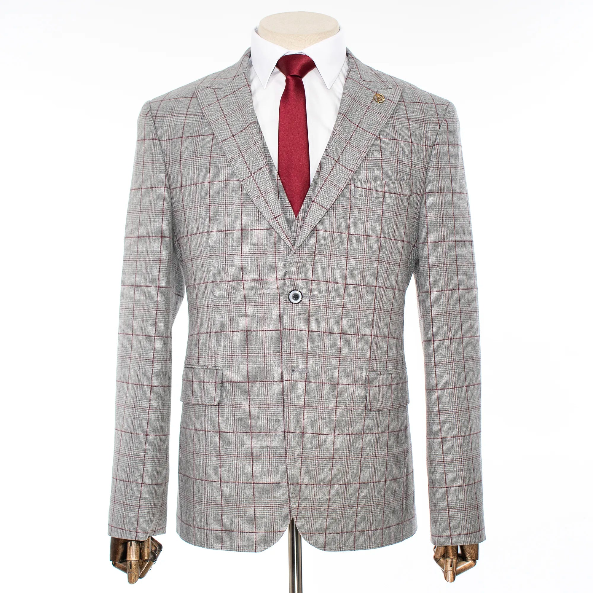 Gray and Burgundy Windowpane 3-Piece Tailored-Fit Suit