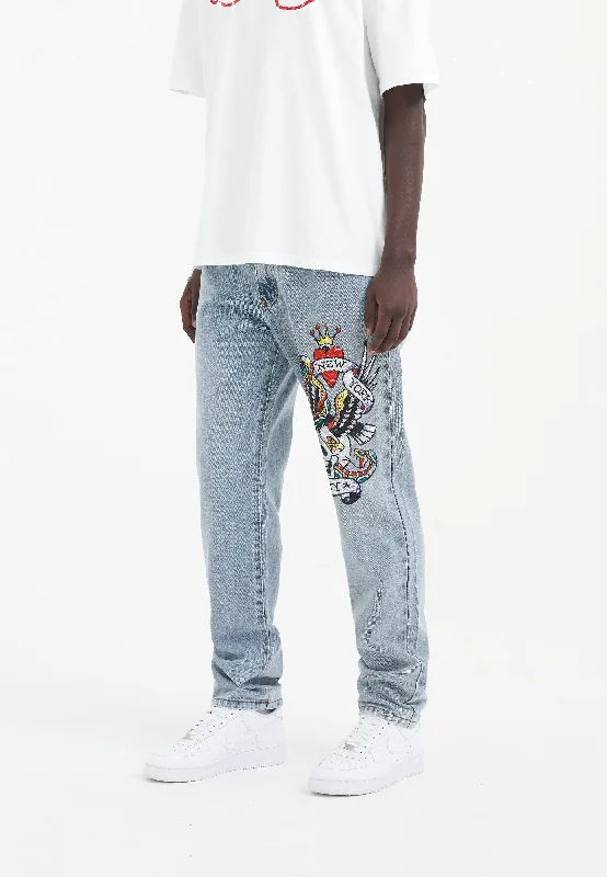 Mens Nyc-Skull Diamante Denim Trousers Jeans - Bleach