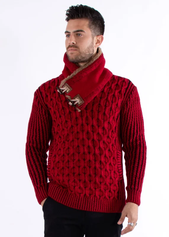 High-Neck Fur Lined Pullover Sweater Red