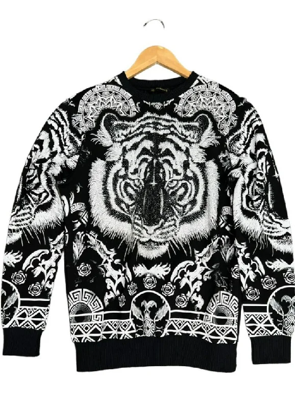 Men's Black Graphic Sweatshirt With Silver Stone Lion Head