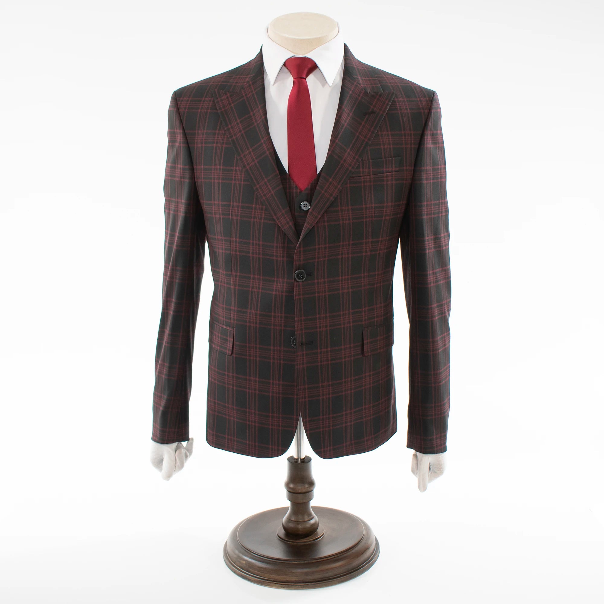 Black And Burgundy Plaid 3-Piece Tailored-Fit Wool Suit With Peak Lapels