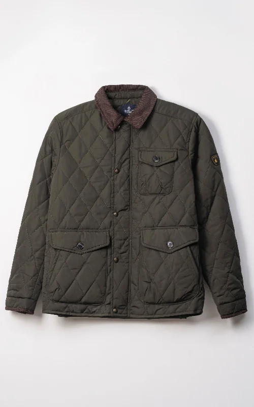 CORDUROY COLLAR QUILTED JACKET FULL SLEEVE OLIVE