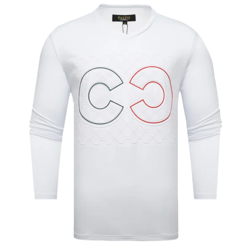 White Men's V-Neck Long Sleeves T-shirt Fashion Style