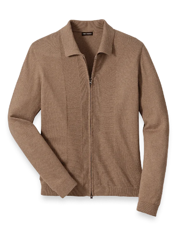 Silk Cotton Cashmere Full Zip Polo - Camel