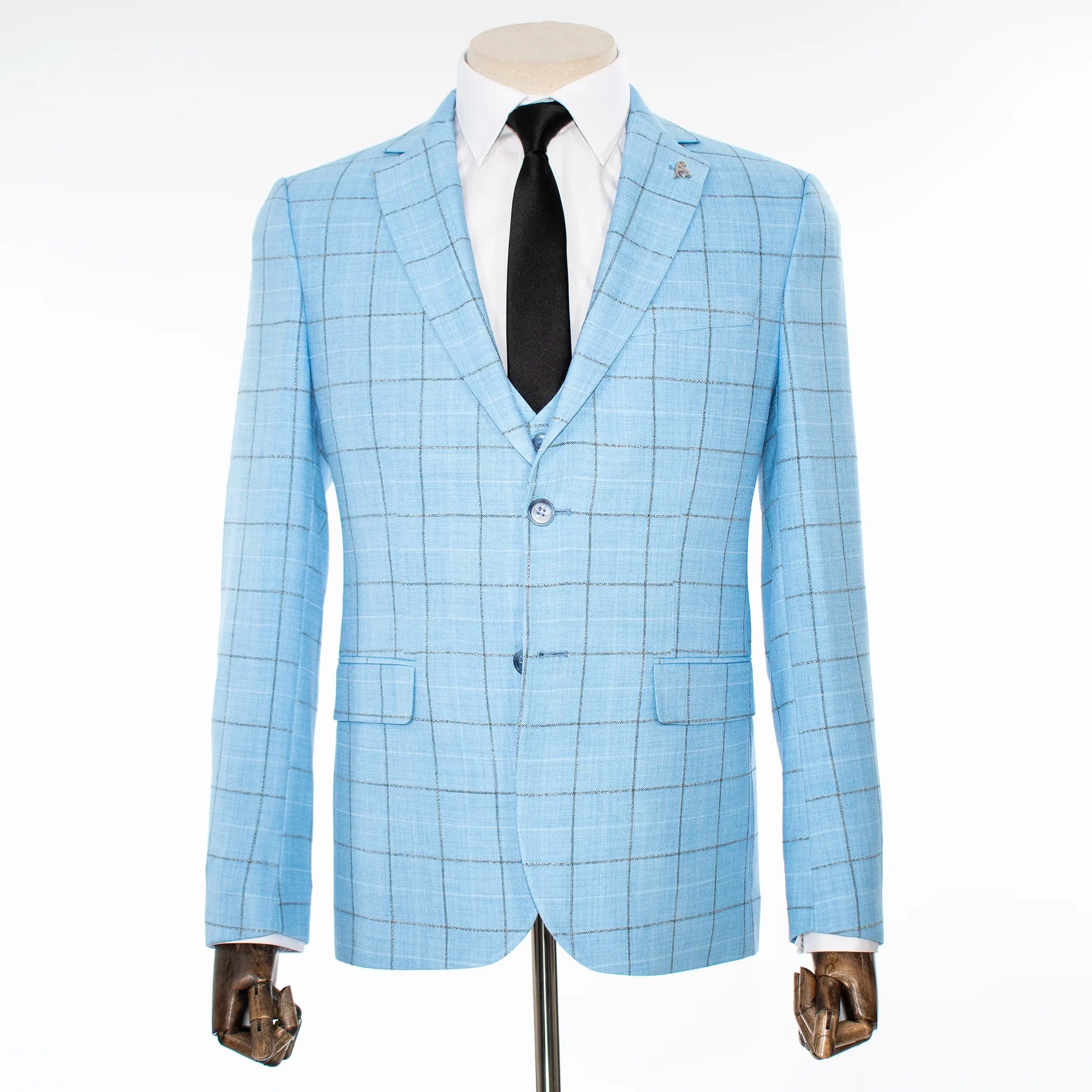 Sky Blue Windowpane 3-Piece Tailored-Fit Suit