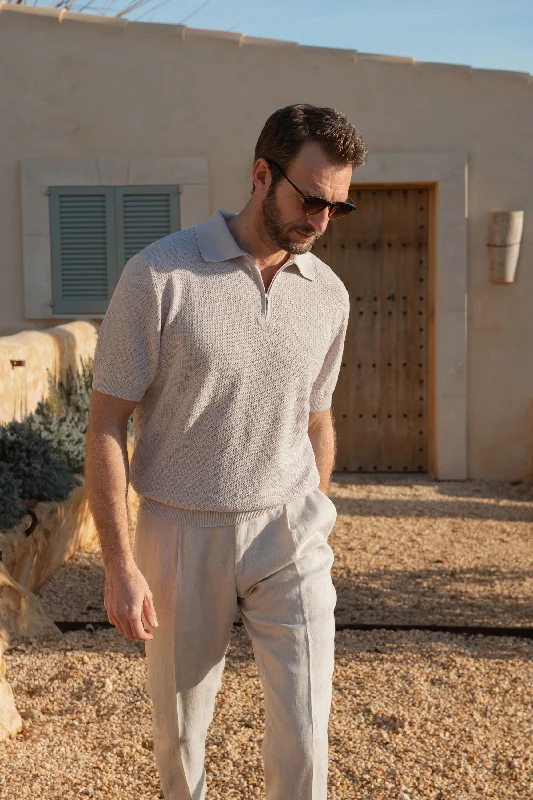 Stone textured knit polo with zip - Made in Italy