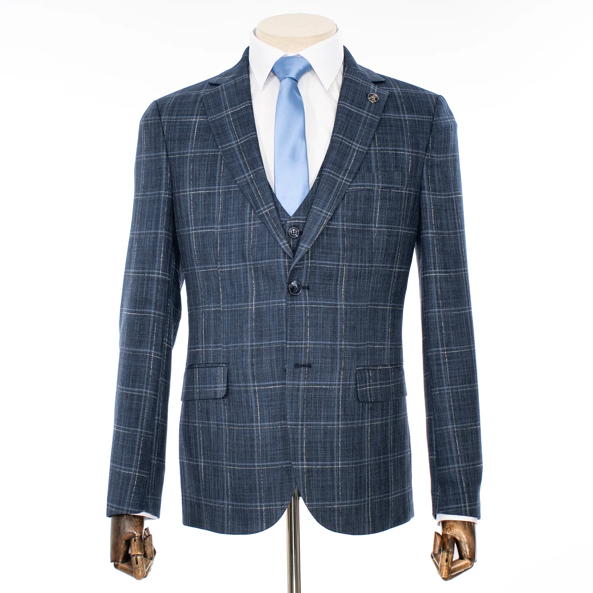 Dark Blue Plaid 3-Piece Tailored-Fit Suit