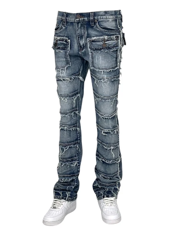 Blue Stacked Jeans Men's Denim Pants Frayed Stack Fit with Pockets