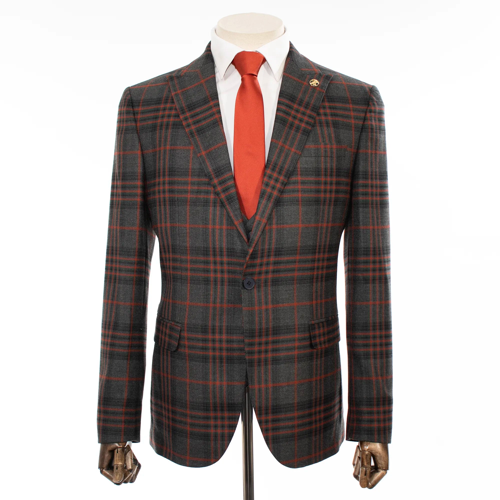 Charcoal and Rust Plaid 3-Piece Tailored-Fit Suit