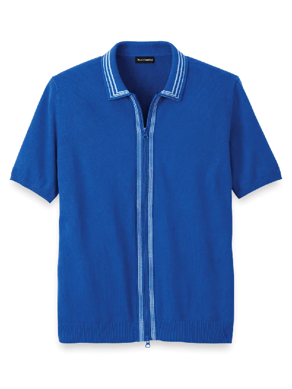 Cotton Full Zip Polo - Blue