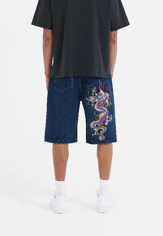 Mens Battle Dragon Denim Jorts Shorts - Indigo