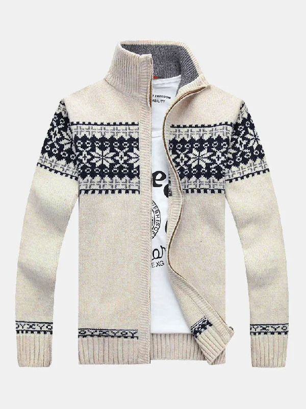 Christmas Geometric Print Zip Up Sweater