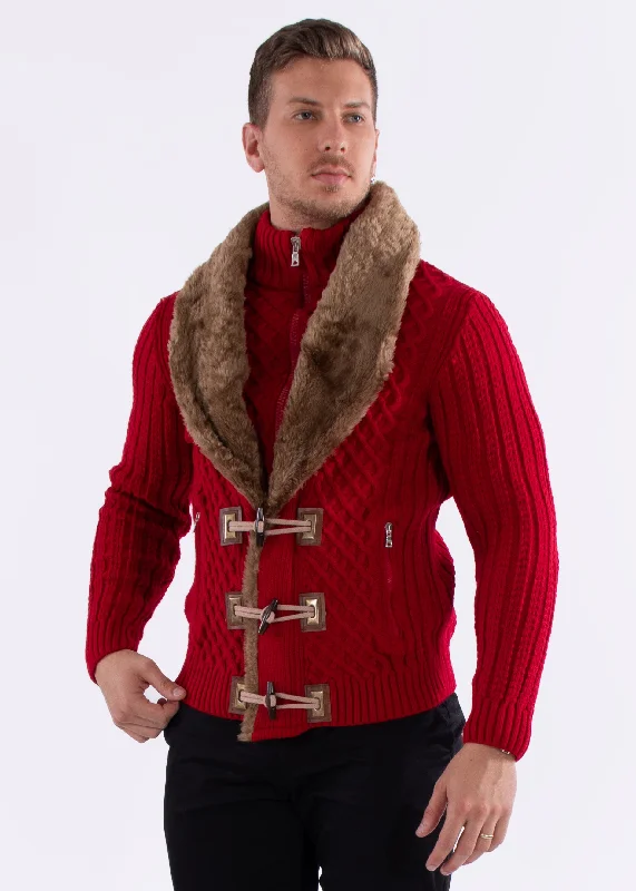 Full Zip Cable Knit Fur Collar Sweater Red