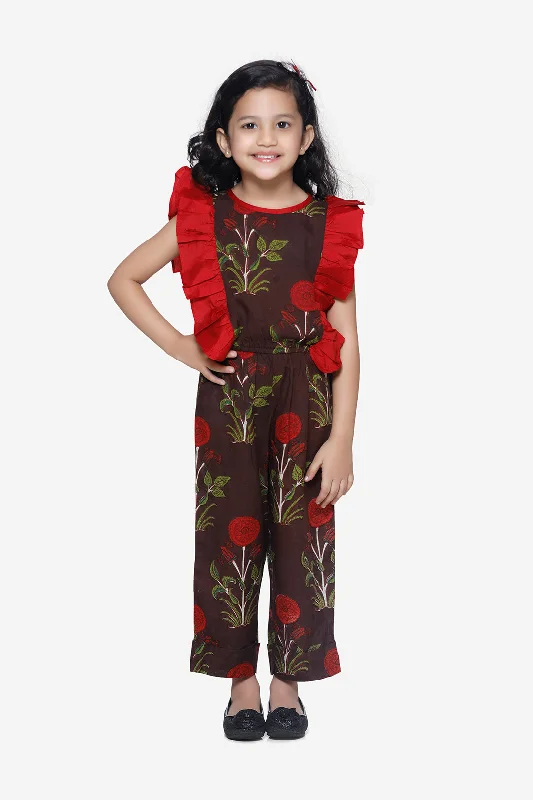 Brown Motif Print Ruffled Jumpsuit