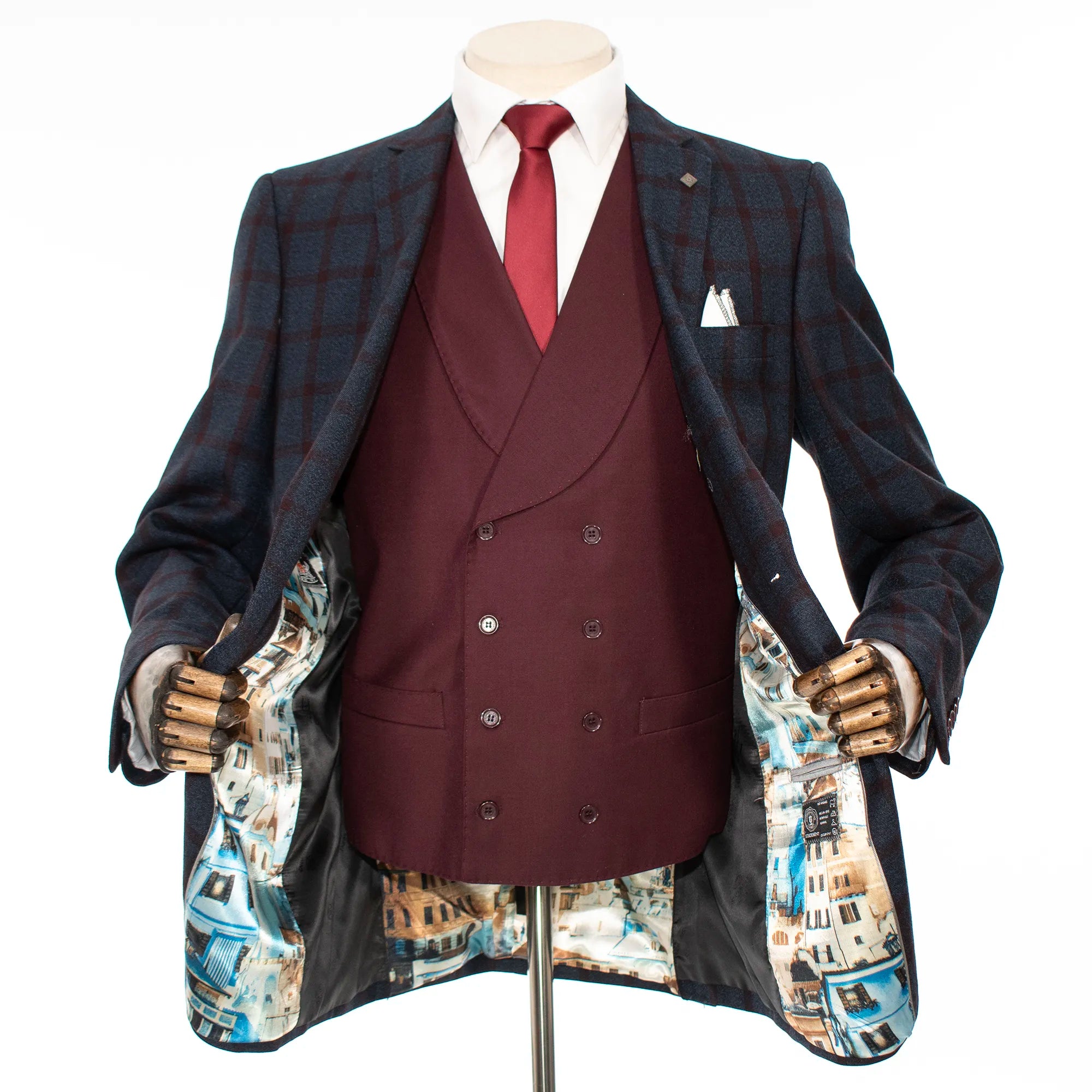 Navy and Burgundy Windowpane Check 3-Piece Tailored-Fit Suit