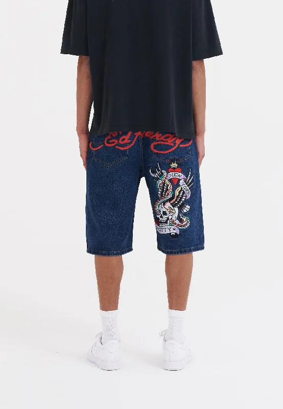 Mens Nyc Skull Denim Jorts Shorts - Indigo