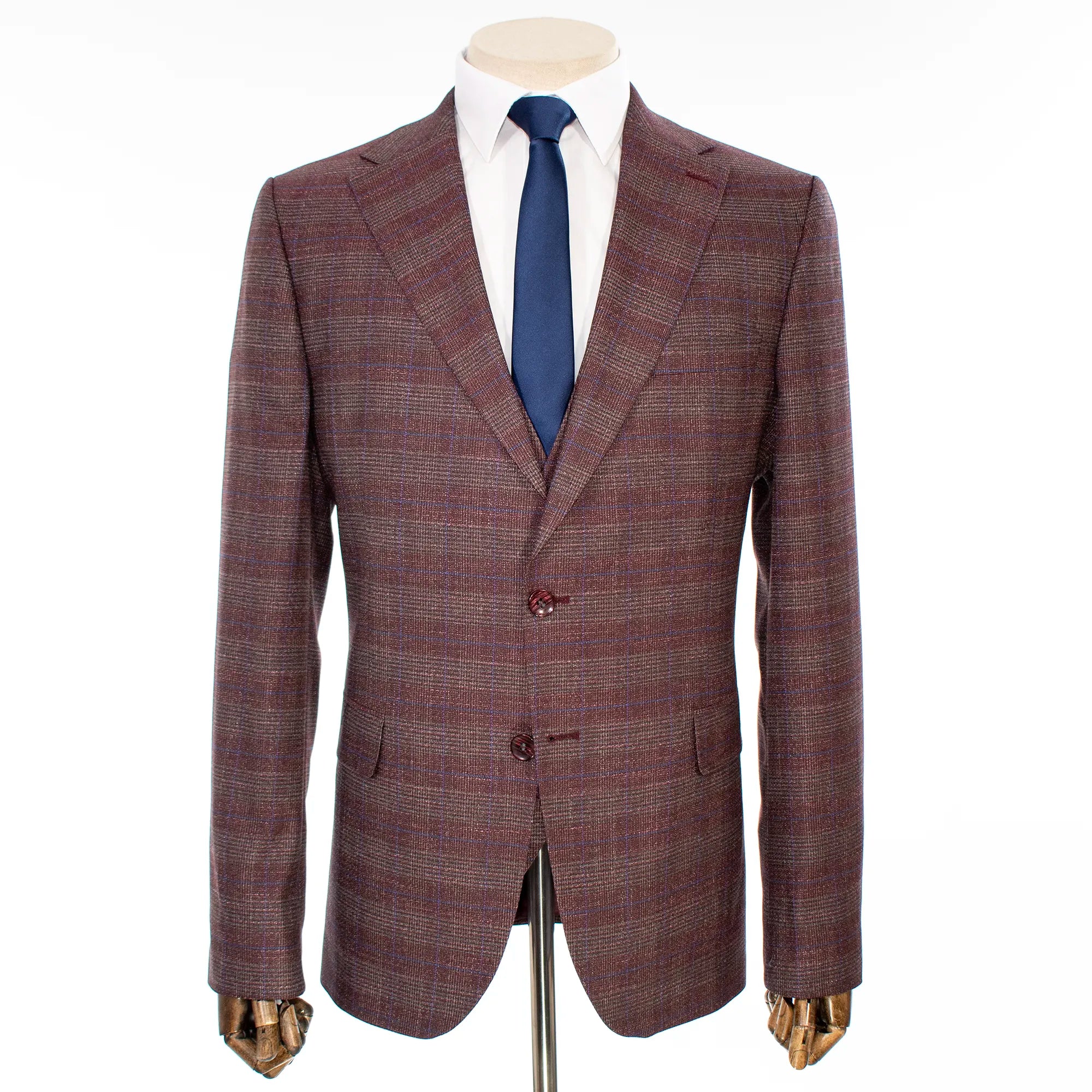 Burgundy Windowpane 3-Piece Tailored-Fit Suit