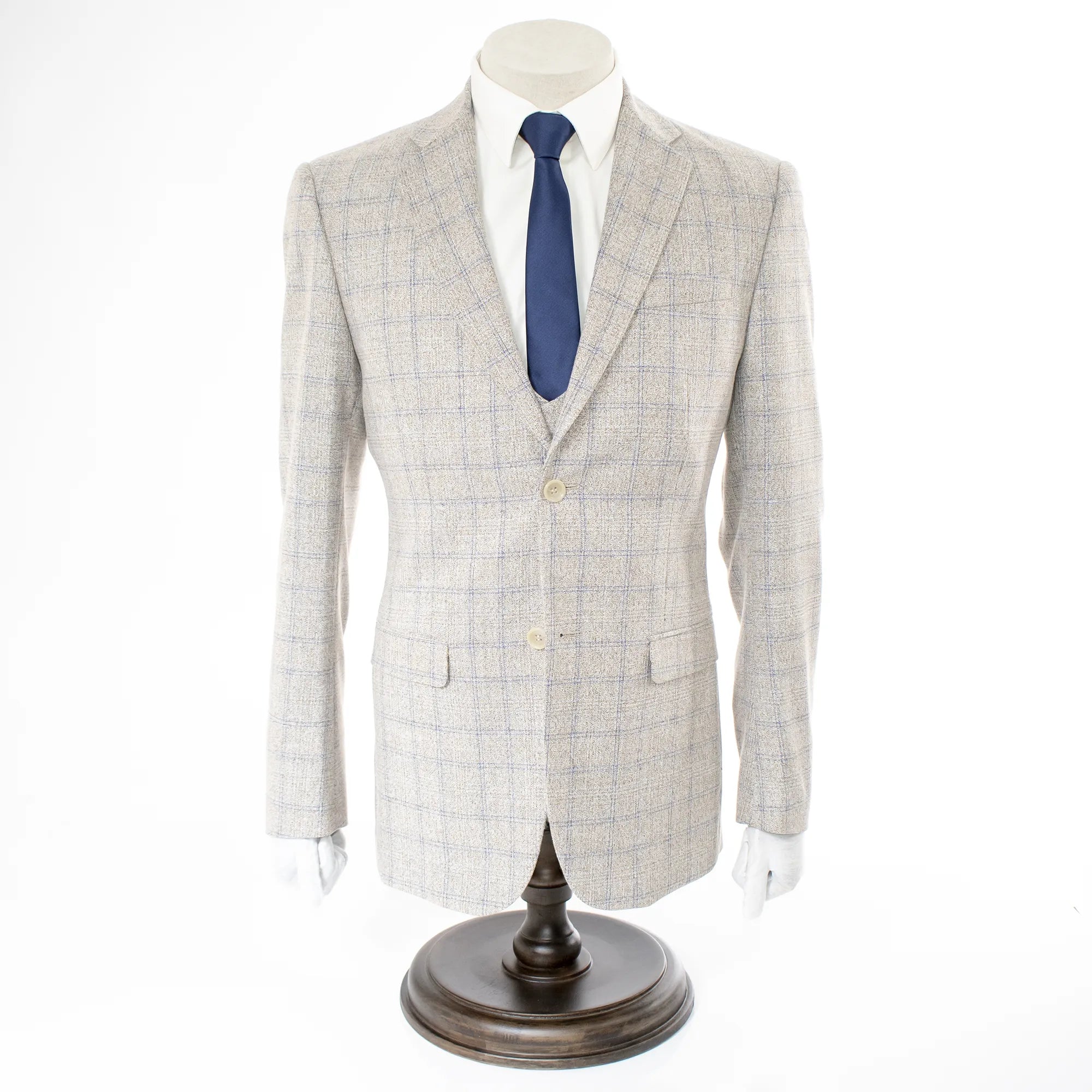 Beige Plaid 3-Piece Slim-Fit Suit With Notch Lapels