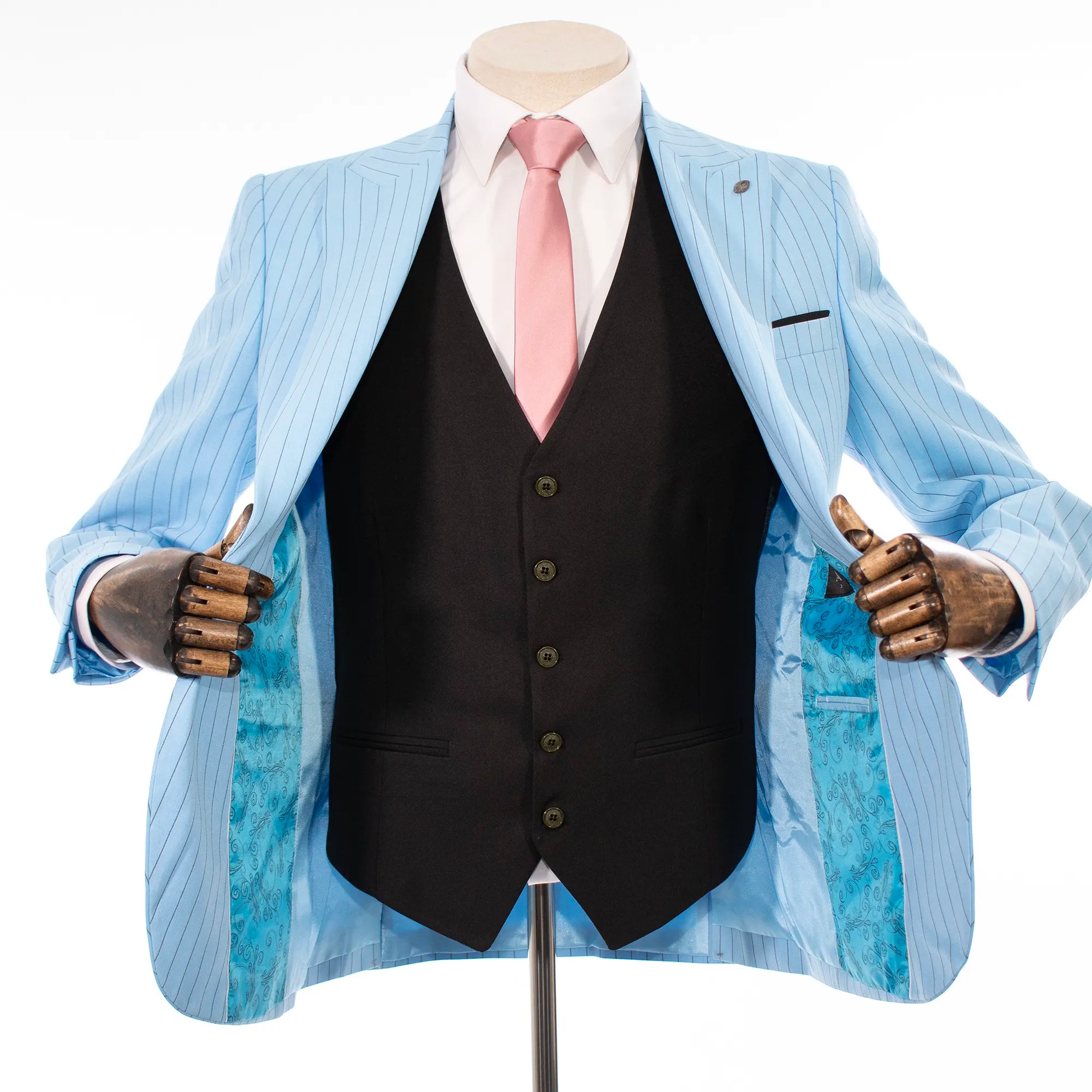 Sky Blue with Black Pinstripe 3-Piece Slim-Fit Suit