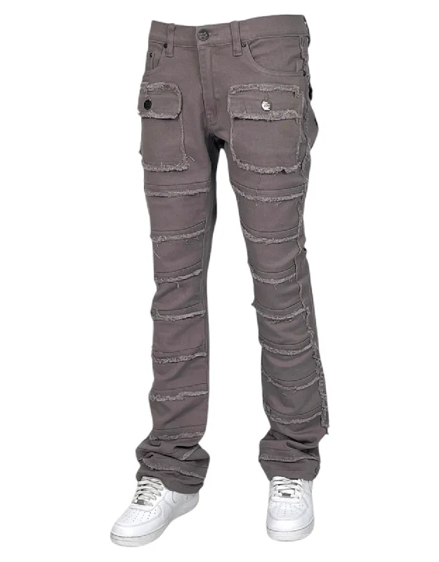 Grey Stacked Jeans Men's Denim Pants Frayed Stack Fit with Pockets