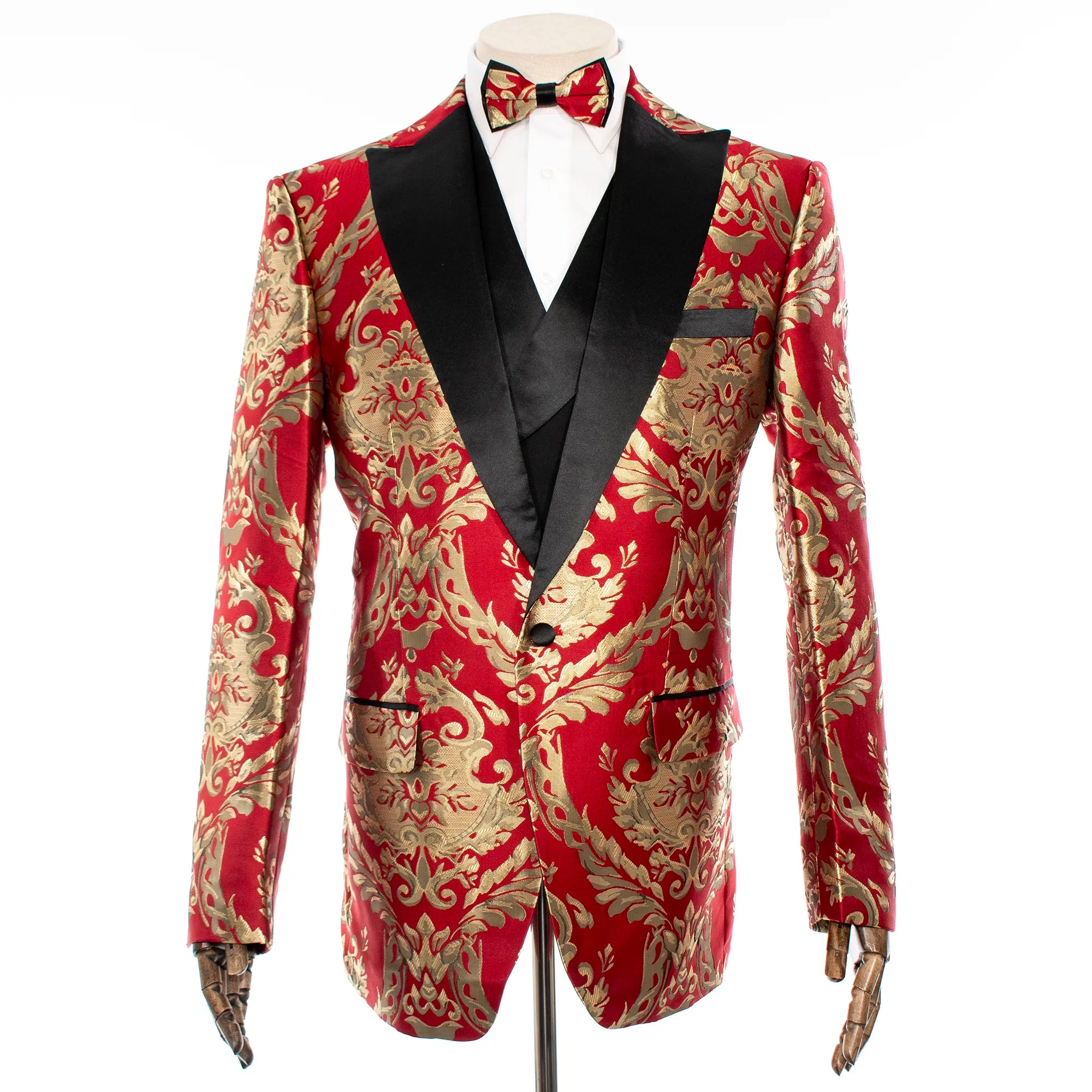 Red with Woven Gold Filigree 3-Piece Slim-Fit Tuxedo