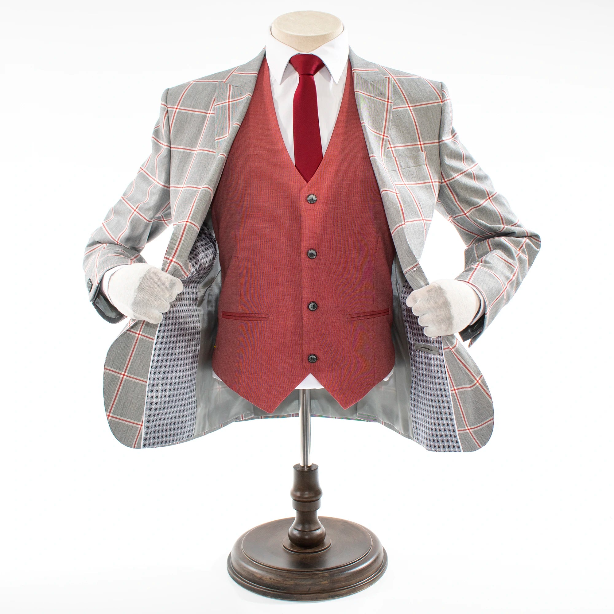 Gray Windowpane Plaid 3-Piece Tailored-Fit Suit With Peak Lapels