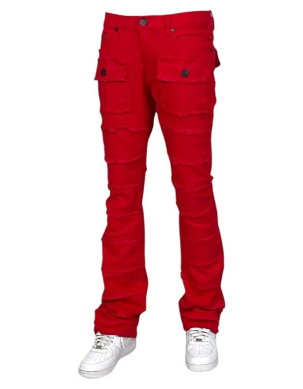 Red Stacked Jeans Men's Denim Pants Frayed Stack Fit with Pockets