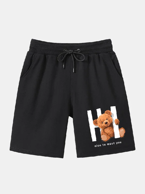 Slogan Bear Print Mid Length Shorts