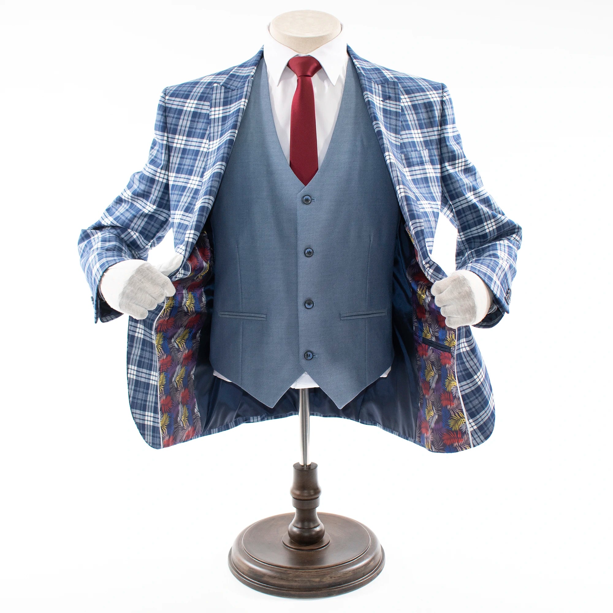 Blue Plaid 3-Piece Tailored-Fit Suit With Peak Lapels