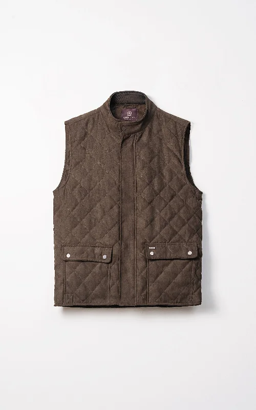 QUILTED SUEDE GILET JACKET SLEEVELESS DARK OLIVE