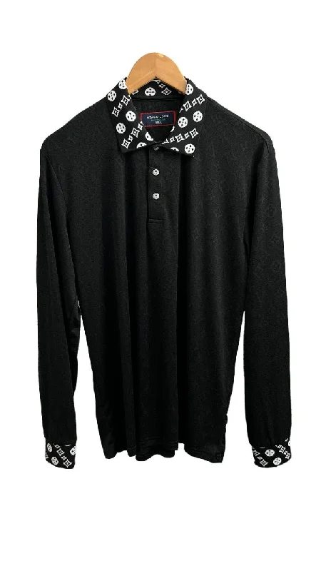 Men's Black long sleeve polo Fashion Design White Printed Collar