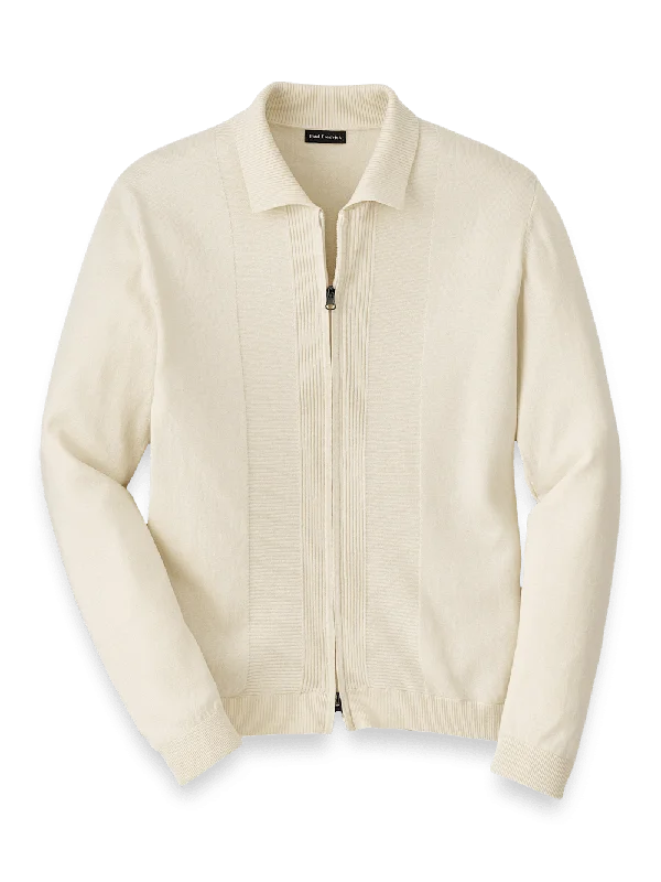 Silk Cotton Cashmere Full Zip Polo - Ivory