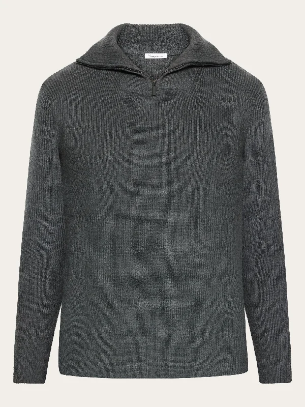 1/2 neck zip merino wool rib knit - Dark Grey Melange