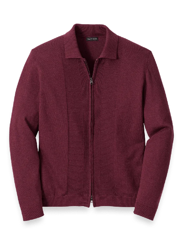 Silk Cotton Cashmere Full Zip Polo - Wine