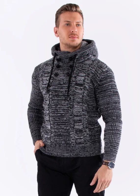 Ribbed Knit Pullover Fur Lined Hooded Sweater Black