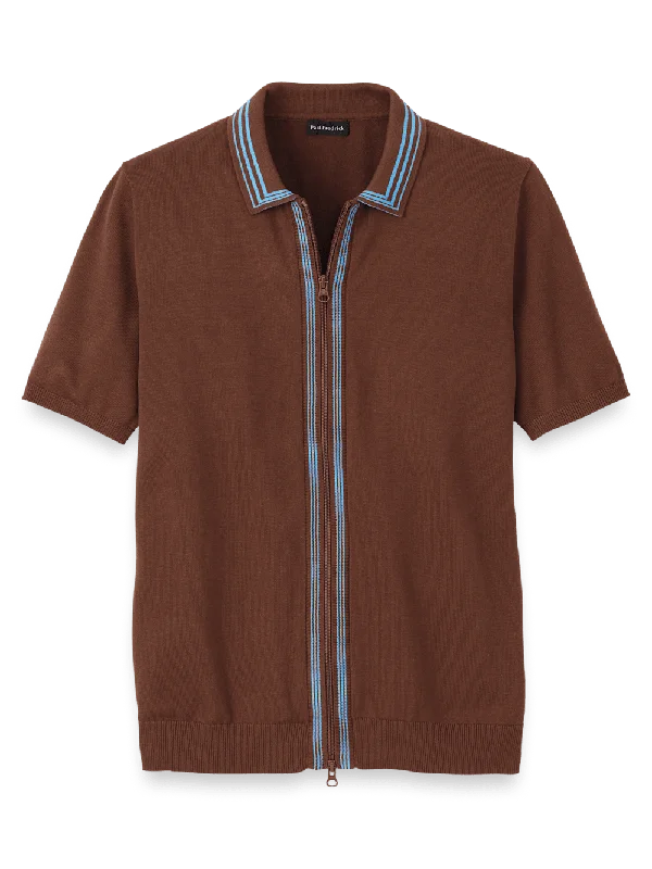 Cotton Full Zip Polo - Brown