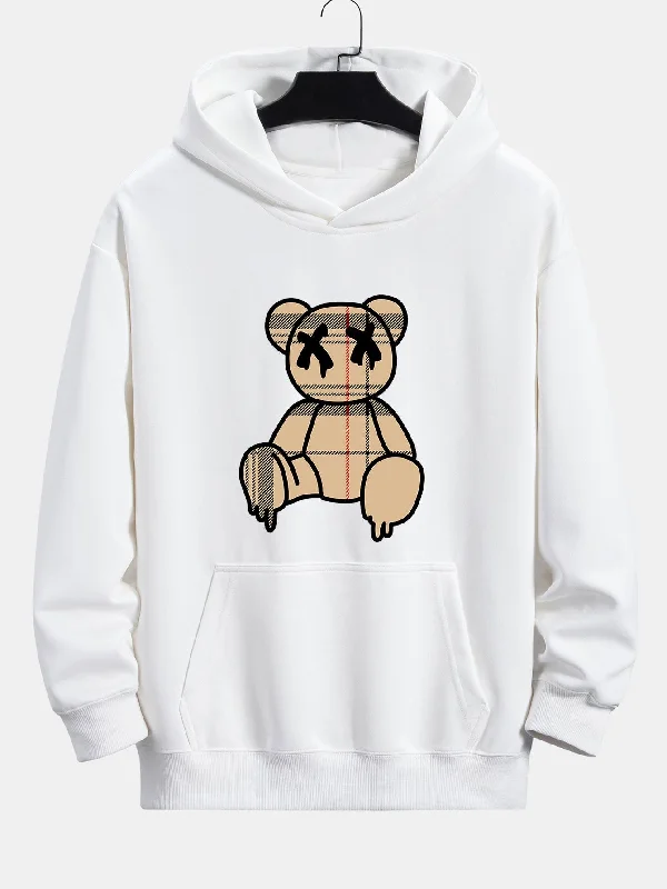 Plaid Dissolving Bear Print Relax Fit Hoodie