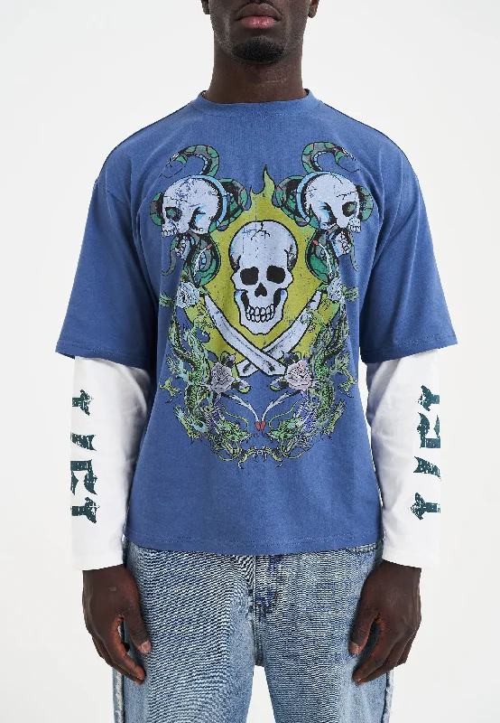 Mens Skull King Double Layer Long Sleeve Tshirt - Blue/White