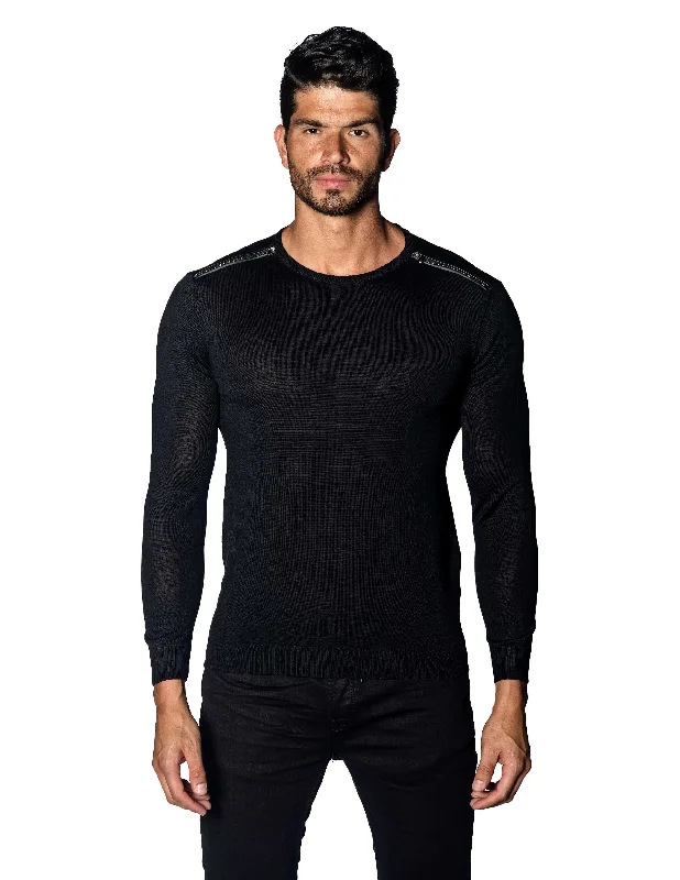 Black Sweater Crew Neck Zipper Piping for Men 1888-BK