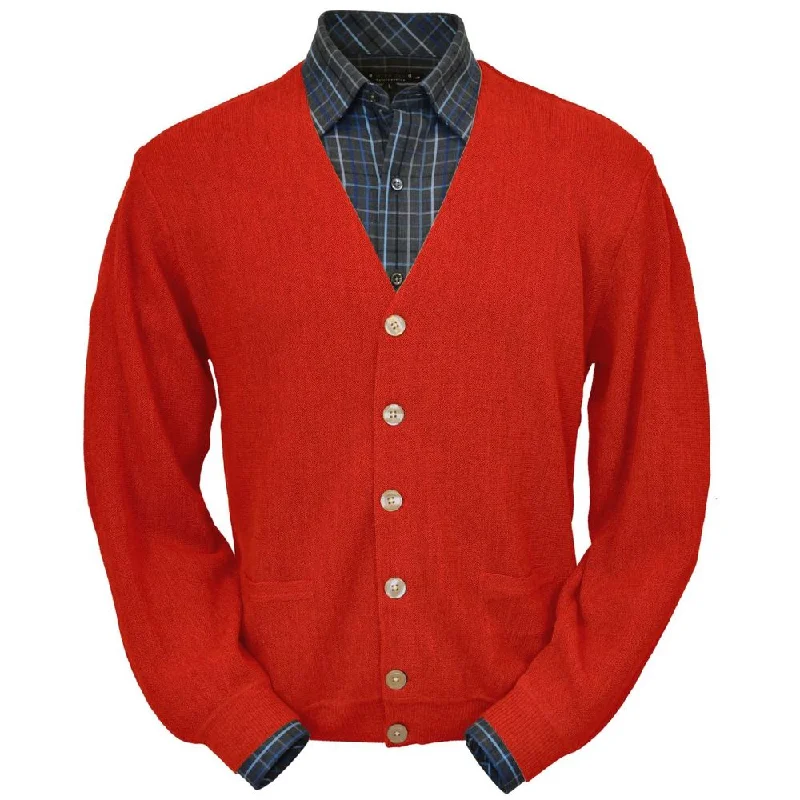 Baby Alpaca 'Links Stitch' V-Neck Cardigan Sweater in Bright Red by Peru Unlimited