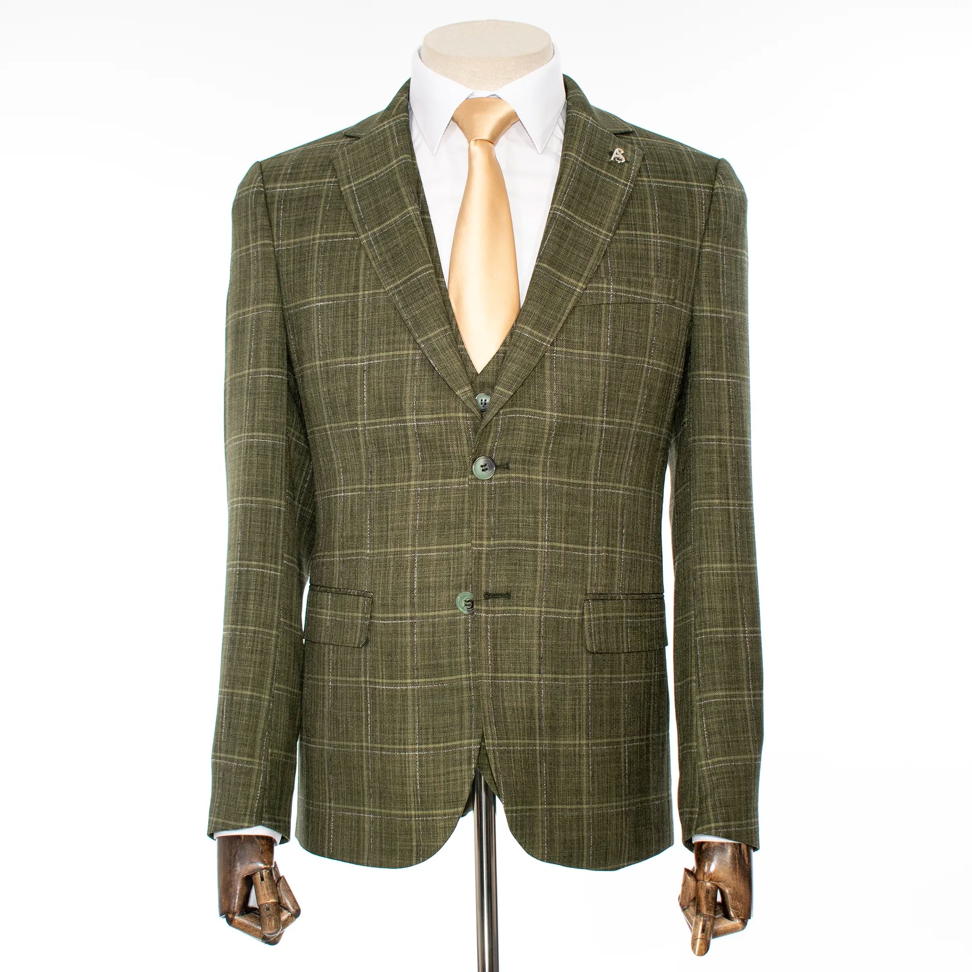 Olive Green Windowpane 3-Piece Tailored-Fit Suit