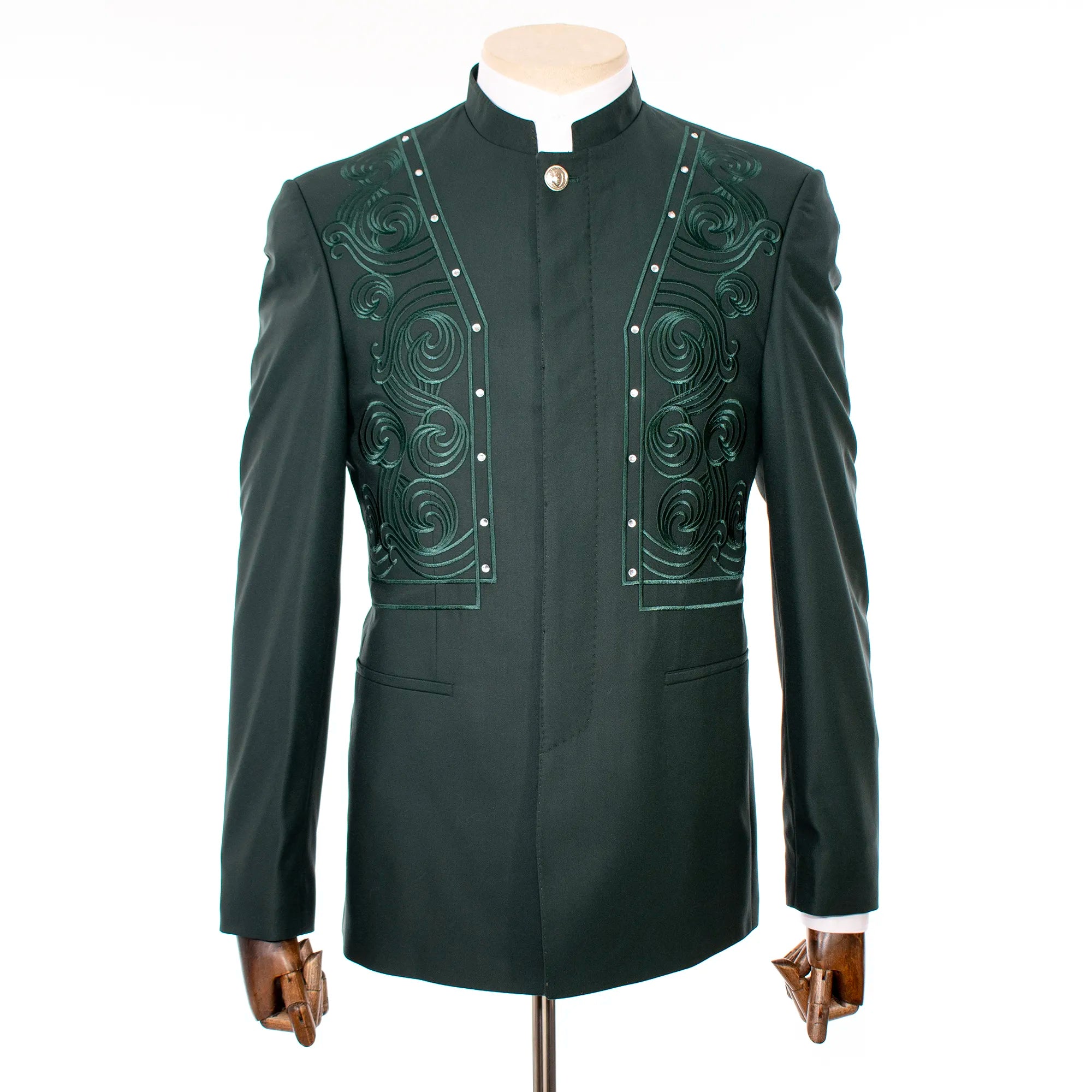 Hunter Green Embroidered 2-Piece Slim-Fit Suit with Mandarin Collar