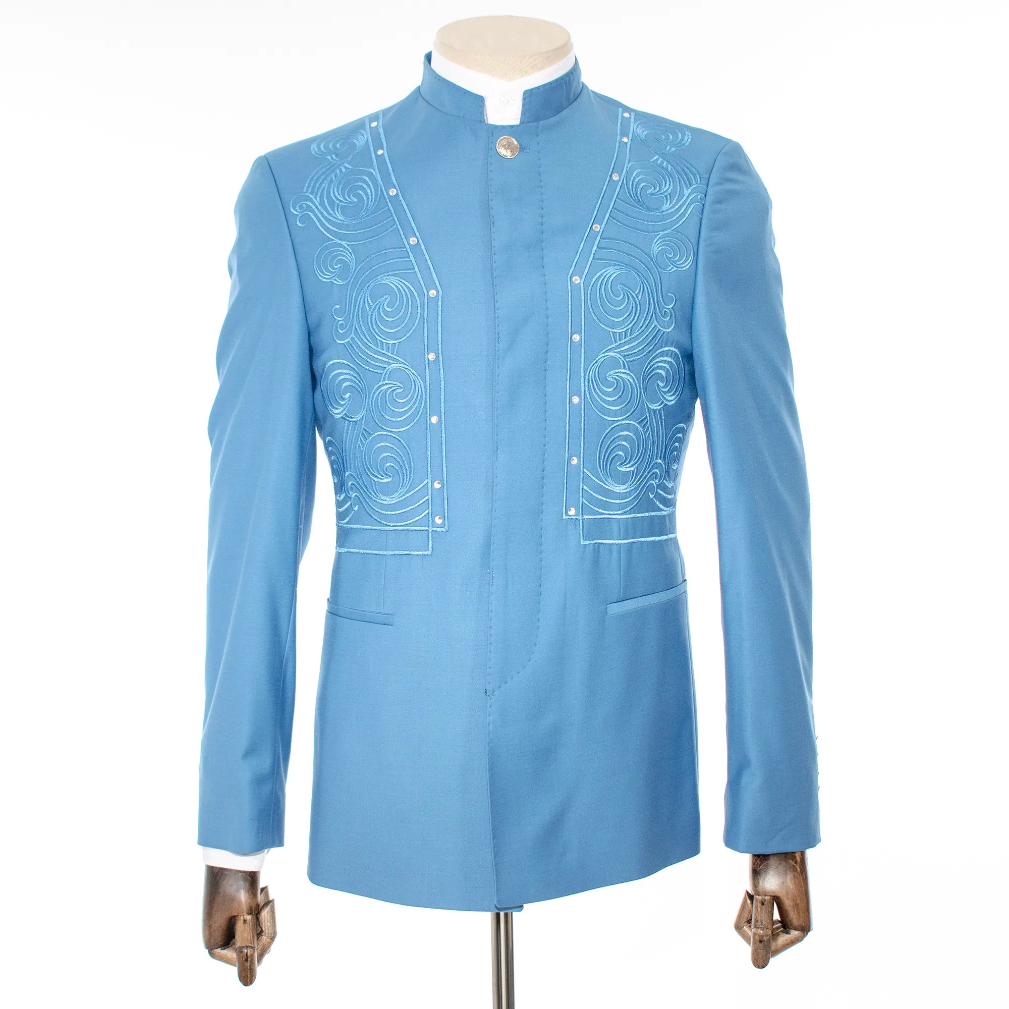 Sky Blue Embroidered 2-Piece Slim-Fit Suit with Mandarin Collar