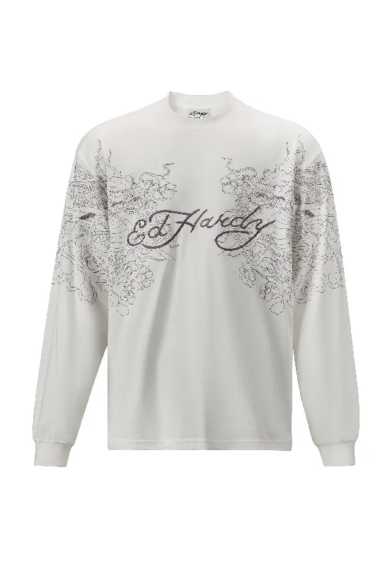 Mens Vintage-Dragon Long Sleeve Tshirt - White